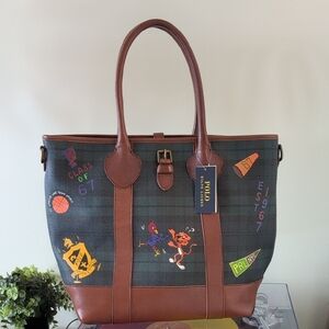 Polo by Ralph Lauren Navy Plaid Tote with Brown Leather